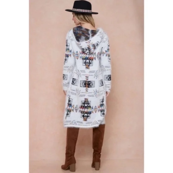 Aztec Rainbow Boho Cowichan Jacquard Eyelash Fuzzy Cardigan Knit Sweater - Picture 7 of 7